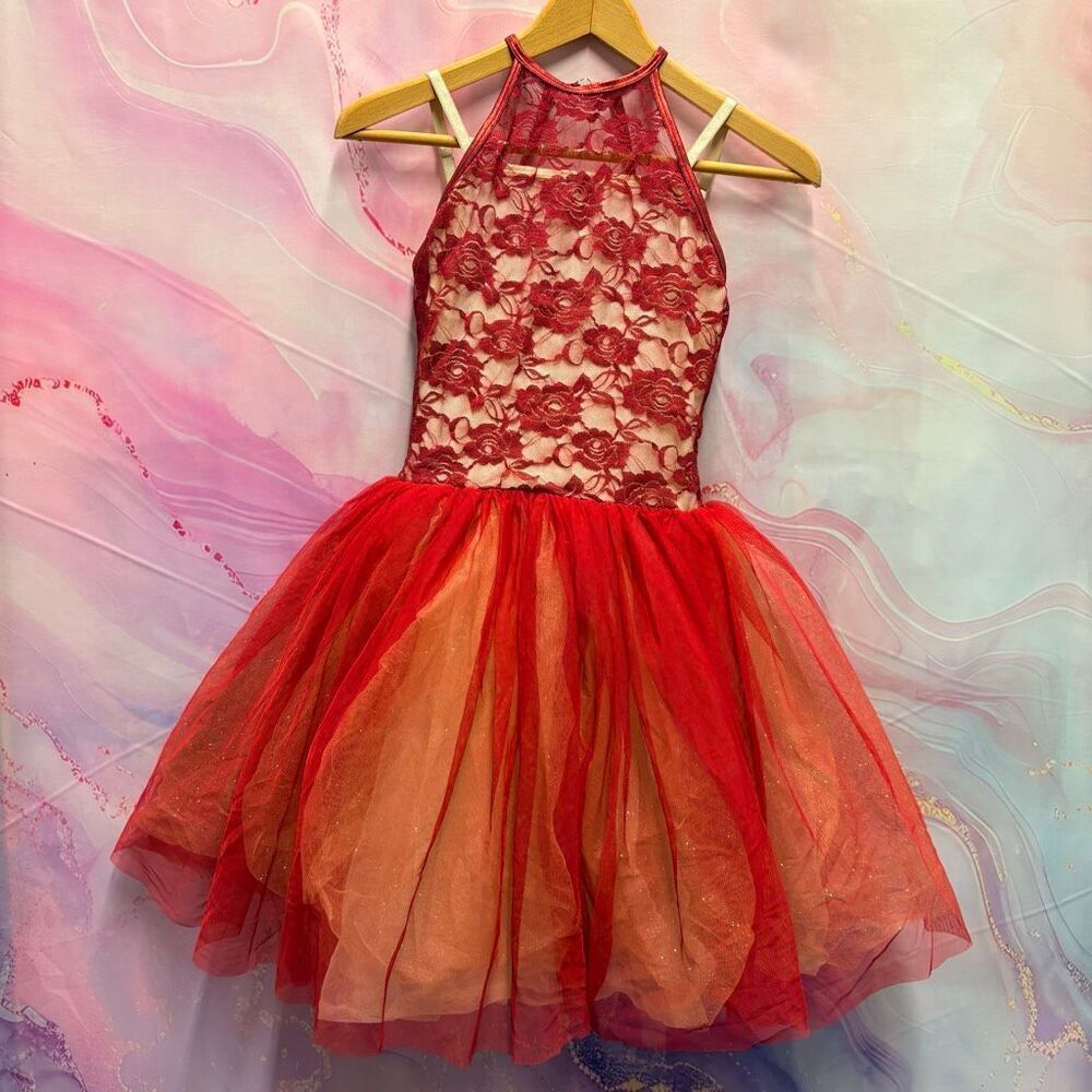 R280 Curtain Call Costume Ballet Dance Recital Red Cream Floral Lace Long TuTu